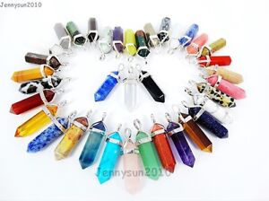 Natural Gemstones Hexagonal Pointed Reiki Chakra Pendant Charms Silver Plated