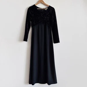 Vintage Black Velvet Maxi Dress Long Babydoll Empire Waist - Picture 1 of 14