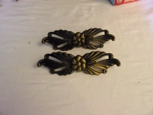 Matching Pair of 2 Antique Tin Metal Curtain Tie Backs Floral Gold & Black 7.5in - Picture 1 of 2