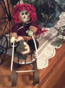 Primitive Country Plush Raggedy Andy on Wood and Metal Sled with Snowman Doll  - Picture 1 of 5