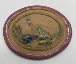 Handmade Art Pottery Wall Hanging Art~Frog Lily Pad Dragon Fly Oval 3-D 4.5” - Picture 1 of 7