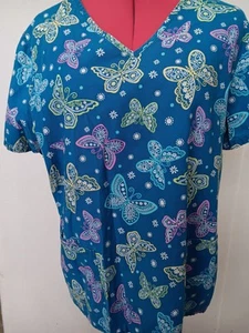 SB Scubs Latge Butterfly Scrub Top With Pocketss Pre Owned - Picture 1 of 6