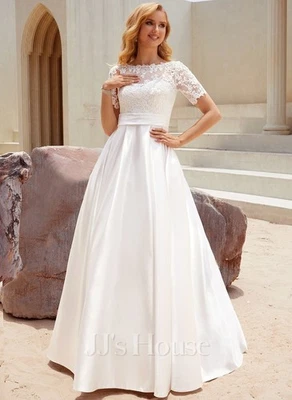 Ball-Gown/Princess Floor-Length Ivory Satin Lace Wedding Dress JJ's House size 4 - Image 1 of 2