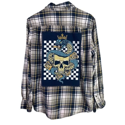 Xadrez Upcycled Flanela Rei Cobra Caveira Cobra Cinza Médio  - Imagem 1 de 4