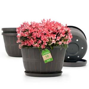 10 inch Plastic Flower Pots for Indoor Plants,4 Pack Large Outdoor Planter Po... - Picture 1 of 6