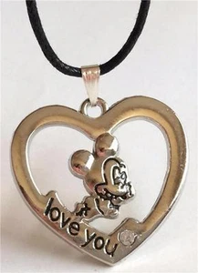 Mickey Mouse Crystal Heart Necklace Disney Black Cord Silver Plated USA Seller - Picture 1 of 12