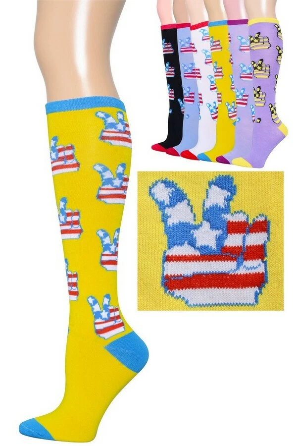 2 PARES CALCETINES HASTA LA RODILLA MUJER NIÑA MULTICOLOR SIGNO DE LA PAZ NOVEDAD TALLA 9-11 Foto 1 de 4