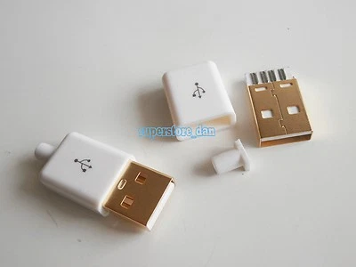 5X USB 2.0 Type-A Plug 4-pin Male Adapter Solder Connector & White Cover Gloden - Image 1 of 4