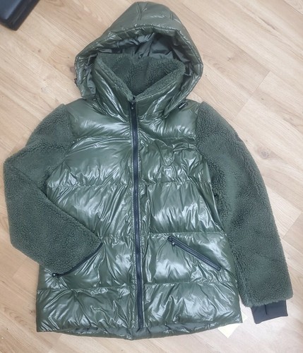 Michael Kors Sherpa Cappuccio Trapuntato Media Misto Cappotto Tampone Verde GRANDE