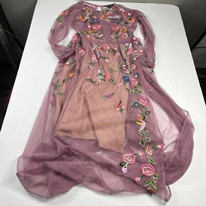 French Connection Sheer Maxi Dress Floral Embroidered Purple Flowy Size 10 FLAW - Picture 1 of 12