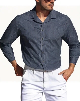 Moda Campia Butn Shirt Men 2XLT 56x34 36"Slv Blu Striped Cotn/Poly LS  Flip Cuff - Image 1 of 4