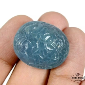 45.70 Cts Floral Carving Natural Blue Aquamarine Oval Shape AAA Grade Gemstone - Picture 1 of 8