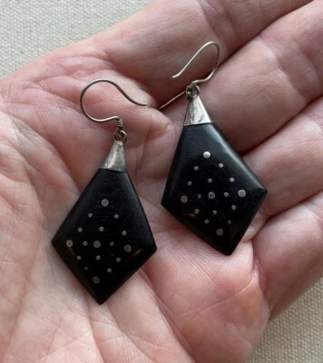 Tribal Steampunk Earrings Sterling Black Wood Southwest Geometric Bohemian 2" - Image 1 of 4