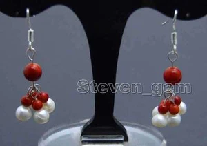 5-6mm Round Natural White Pearl Earring for Women Red Coral Dangle Earring e521 - Picture 1 of 8