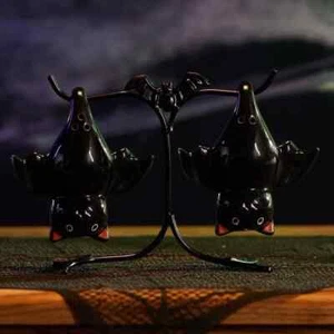 Cracker Barrel Halloween Salt & Pepper Shaker Set Hanging Bats 3pc Set - Picture 1 of 5