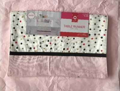 NWT Table Runner 14x72" Cream Polka Dot Pink Stripes Valentines  - Image 1 of 4