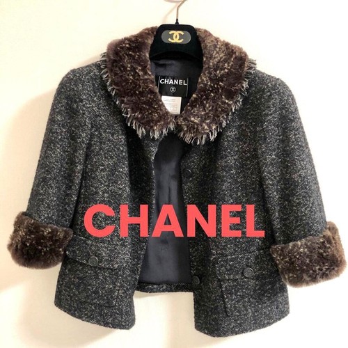Giacca CHANEL tweed con pelliccia maniche a 3 4 taglia 42 grigio antracite marrone 05 donna