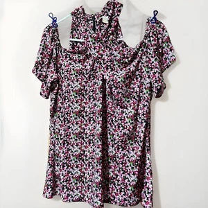 Michael Kors Women’s Top Shirt Large Cold Shoulder Halter Black Pink Floral - Picture 1 of 9