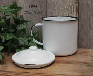 NEW Reproduction Enamelware White w/Black Trim Mug, Cup & Lid -- Holds 10 oz - Picture 1 of 3