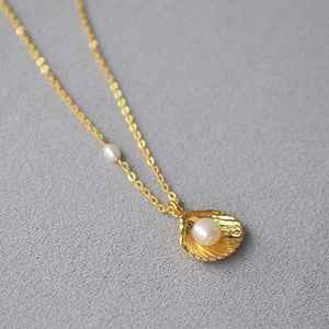 Gold Muschel Anhänger Süßwasser Perlen Halskette Minimalistisch Damen Schmuck Geschenk Trend - Bild 1 von 7
