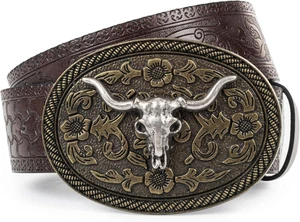 Western-Cowboy-Leder-Gürtel - PU Leder Longhorn Bull geprägte Schnalle Gürtel für - Bild 1 von 7