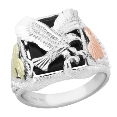 Mt. Rushmore Black Hills Gold Men's Rectangle Onyx Eagle Ring Sterling Silver - Image 1 of 3
