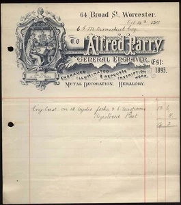 1912 WORCESTER Alfred Parry, grabador, 64 Broad St, establecido 1895 - Imagen 1 de 1