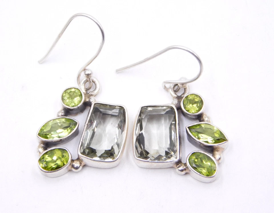Brinco de prata esterlina 9 Gm 925 natural prasiolita e pedra preciosa peardot tamanho 1,3" - Imagem 1 de 4