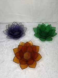 Lot 3 Rare Capiz Shell Green Orange Purple Lotus Flower Tea Light Candle Holder - Picture 1 of 11