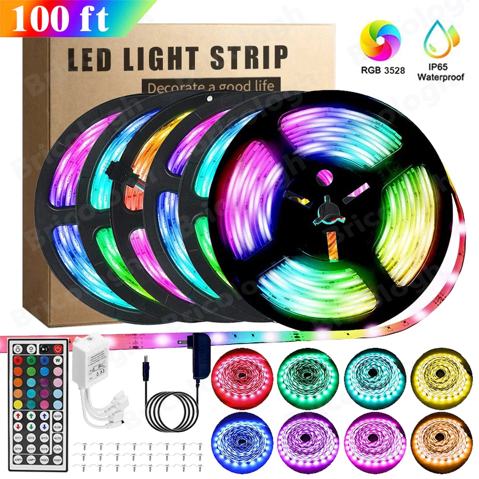 100 FT RGB Led Strip Lights Waterproof Flexible with 44 Keys Remote 12V US Power - Image 1 of 4