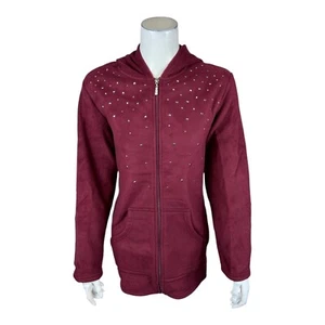 Quacker Factory Women's Embellished Fleece Zip Front Jacket Wine Medium Size - Picture 1 of 2