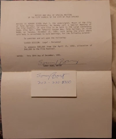 SONNY BONO TWICE SIGNED WHILE MAYOR LEGAL CONTRACT &BUSINESS CARD!!! Cover