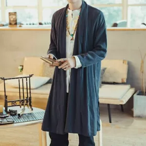 Men Japanese Kimono Coat Jacket Loose Yukata Outwear Long Bathrobe Top Retro - Picture 1 of 11