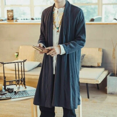 Men Japanese Kimono Coat Jacket Loose Yukata Outwear Long Bathrobe Top Retro - Image 1 of 4
