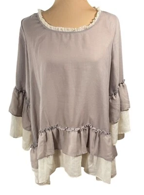 New Easel Ruffle Trim Top Blouse Taupe Cream S Small Tiered Hem - Image 1 of 4