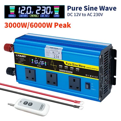 LVYUAN 3000W 6000W Pure Sine Wave Power Inverter 12V to 240V 4USB 3AC Remote Control