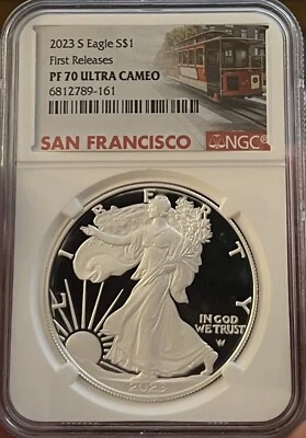 2023 S PROOF SILVER EAGLE FIRST RELEASES SAN FRANCISCO MINT NGC PF70 UC - Image 1 of 2