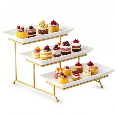 3 Tier Serving Stand with Porcelain Serving Platter Tray - Collapsible Gold S... - Image 1 of 4