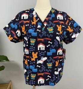 NWT Buttersoft Scrub Top XL Deep Navy Doghouse Pups Cotton Scrubs Dog Vet Nurse - Picture 1 of 8