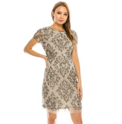 ADRIANNA PAPELL Cocktail Dress Size 8 Nude Silver Sequin Beaded Sheath NWOT FLAW - Image 1 of 4
