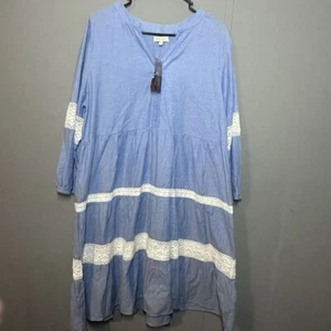 NWT Linda Anderson Women's Chambray Tiered Boho Dress Lace Detail Size L - Picture 1 of 8