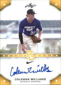 2015 Leaf Perfect Game Autographs Gold #PGCW2 Coleman Williams /50