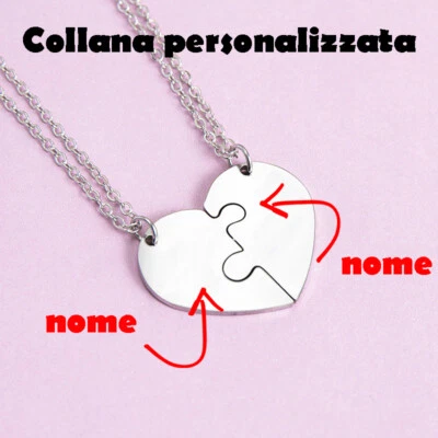 Cuore Spezzato Ciondolo 2 Collane con Incisione Personalizzato Uomo Donna Coppia - Immagine 1 di 4