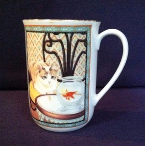 Russ Berrie Coffee Mug Cat Watching Gold Fish 12517 Decorative Collectible Good - Picture 1 of 3