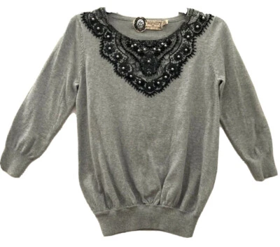 Forever 21 Womens Gray Sweater Black Lace Applique Pearls Beads & Sequin Small/P - Image 1 of 4
