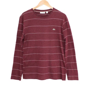 LACOSTE Slim Fit Cotton Crew Neck Long Sleeve Burgundy Striped Tee Top - Large - Picture 1 of 3