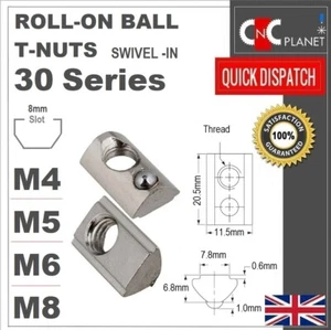 T nut M4 M5 M6 M8 Roll in Ball Spring Slide Aluminum Extrusion 30 Series Profile - Picture 1 of 10