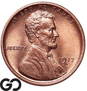 1917-D Lincoln Cent Wheat Penny, beau rouge, gemme solide BU++ RD meilleure date !