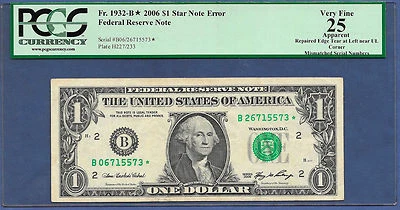 🇺🇸 ERROR 2006  $1 "STAR" ♚♚MISMATCHED SERIAL NUMBER♚♚  PCGS VF 25  SCARCE! - Image 1 of 4