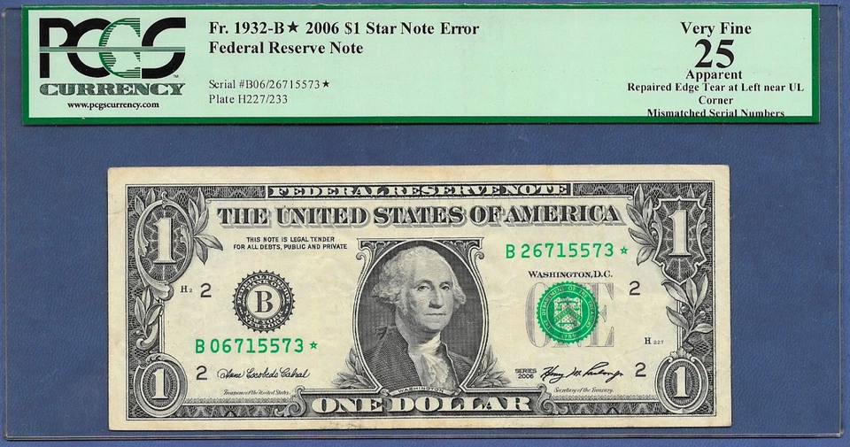 🇺🇸 ERROR 2006  $1 "STAR" ♚♚MISMATCHED SERIAL NUMBER♚♚  PCGS VF 25  SCARCE! - Image 1 of 4